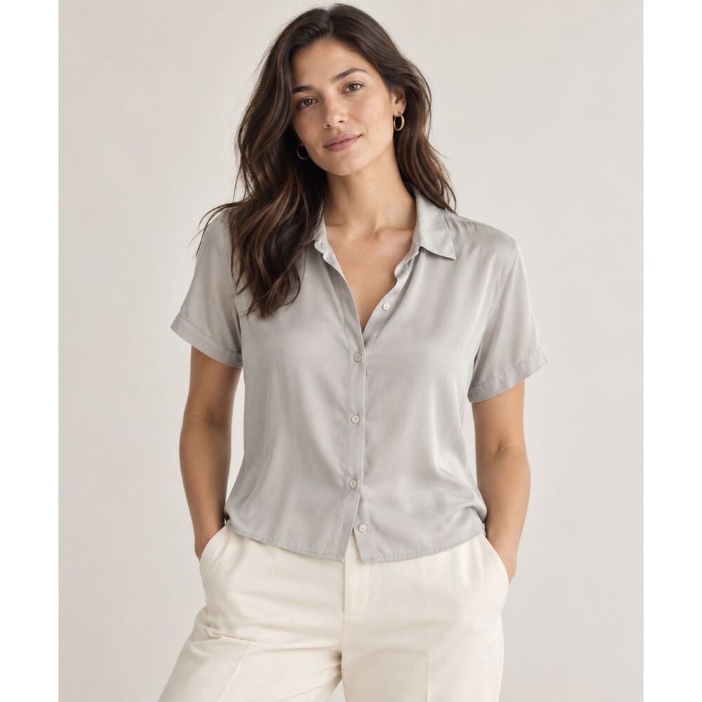 Quince 100% Silk Short Sleeve Button Up Shirt Women’s Size L Gray Relaxed